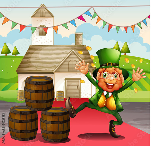 An old man in a green attire beside the barrels