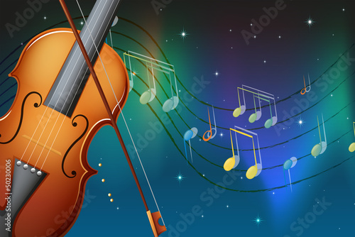 A violin and its bow with musical notes