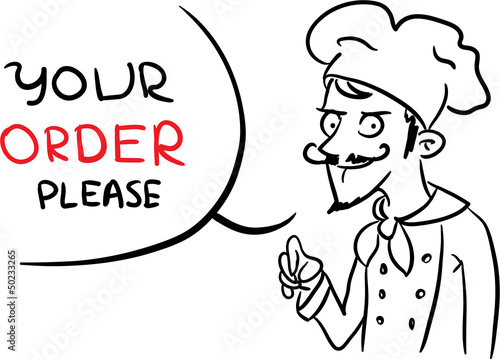 Freaky cartoon Chef asking for an order.