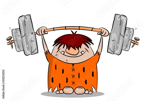 Cartoon caveman weight lifting on white background