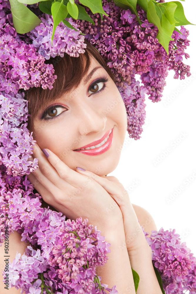 Young woman with flowers on white background Young woman with flowers on white background