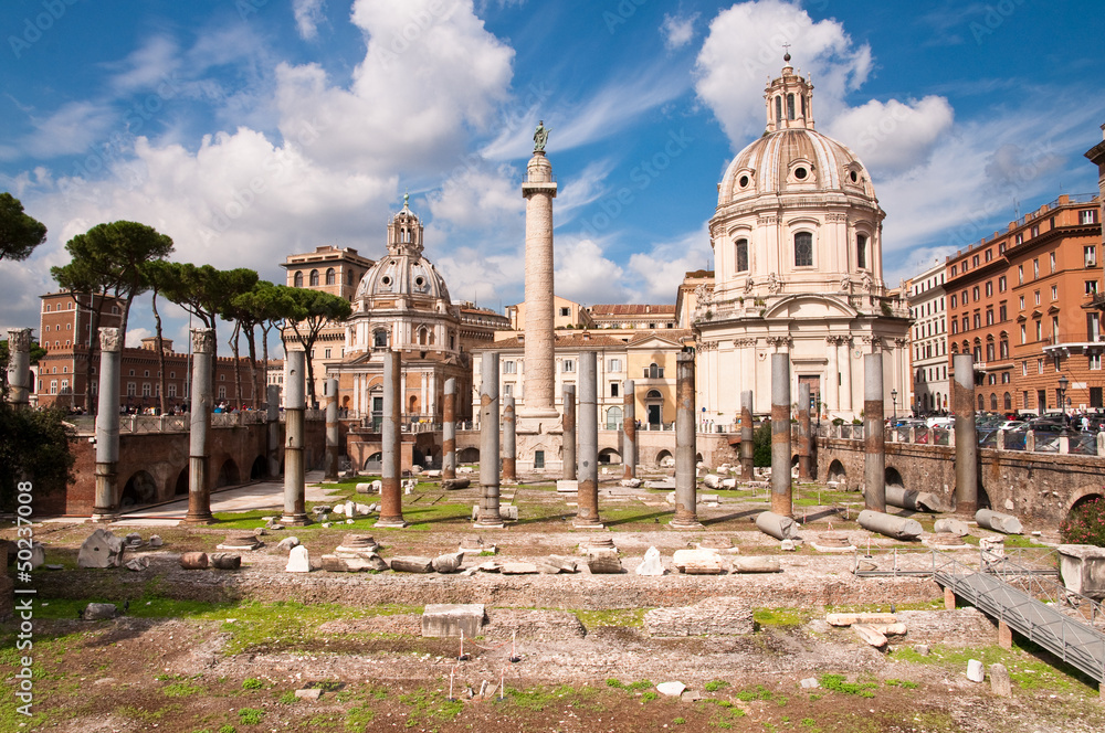 Fori Imperiali Panoramic of columns Colonna trajana chiesa del s