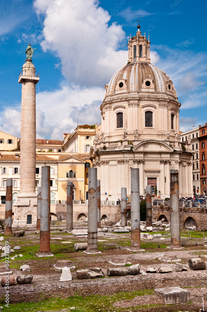 Fori Imperiali - Columns ruins  and Colonna Trajana and Chiesa d
