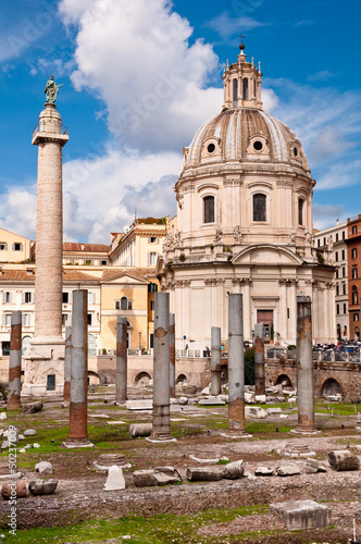 Fori Imperiali - Columns ruins and Colonna Trajana and Chiesa d