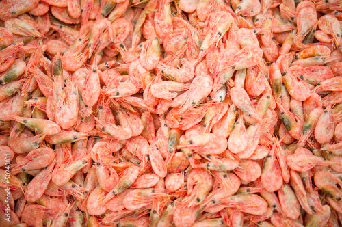 Bunch of shrimps in fridge in supermarket