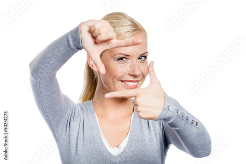 Woman making frame gesture with hands, isolated on white