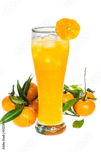 Orange juice glass and orange fruit on white background