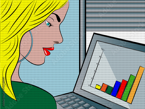 young woman working in office - popart illustration