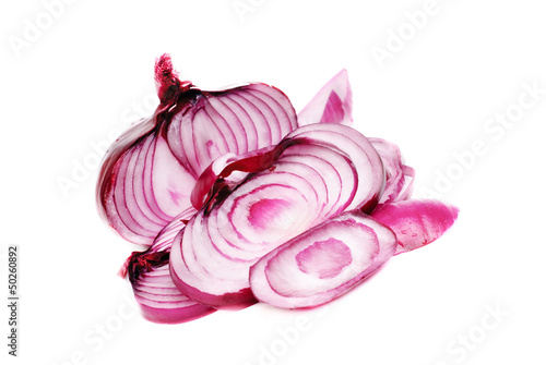Sliced purple onions isolated on the white background