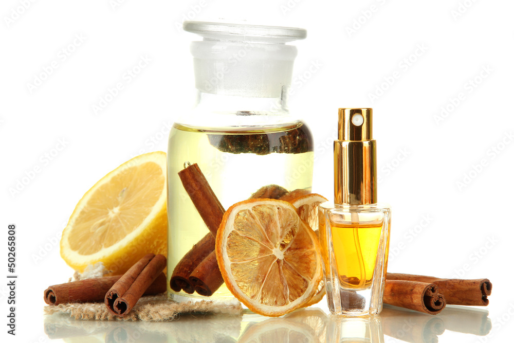 Bottles with ingredients for the perfume, isolated on white Bottles with ingredients for the perfume, isolated on white