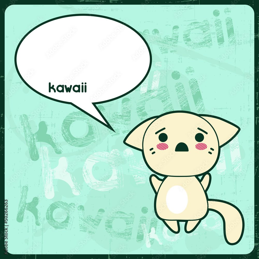 Kawaii card with cute cat on the grunge background.