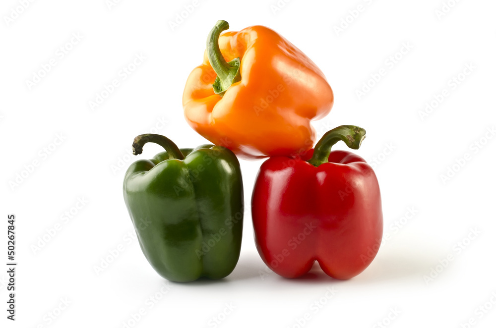 Three colorful peppers isolated over white Three colorful peppers isolated over white