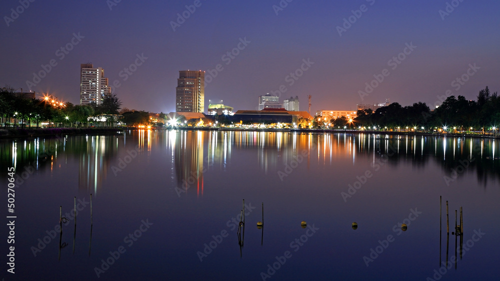 Cityscape at twilight on Benjakitti in Bangkok, Thailand