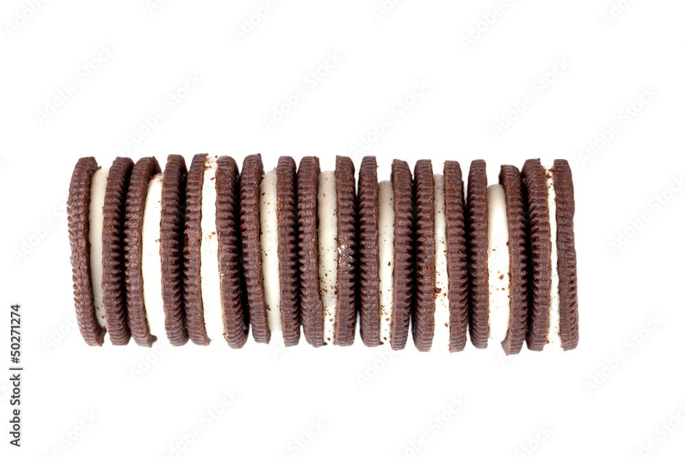 Stacks of cookies in horizontal on white background Stacks of cookies in horizontal on white background