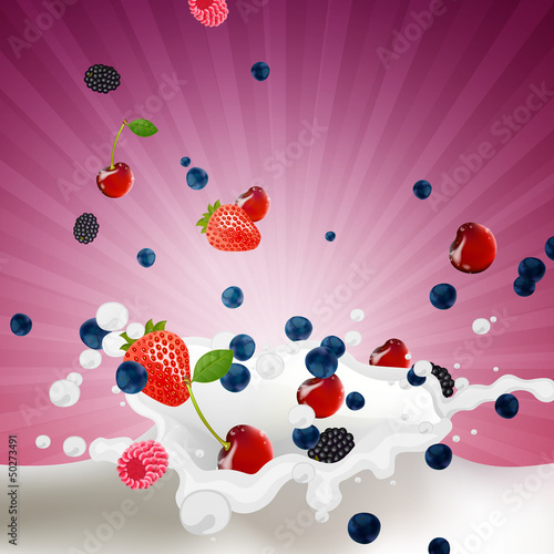 Vector Illustration of Berries falling into a Splash of Milk