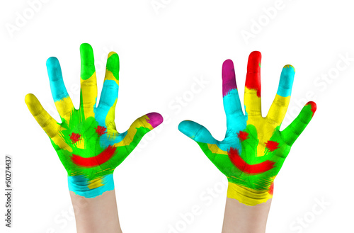 Painted child's hands with smile. Isolated on white