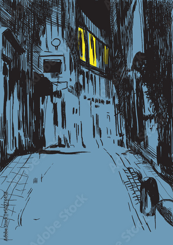 mystical city street at night - drawing into vector