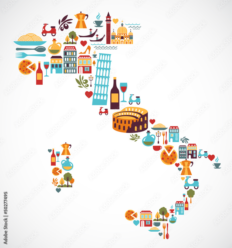 Italy map with vector icons - obrazy, fototapety, plakaty 