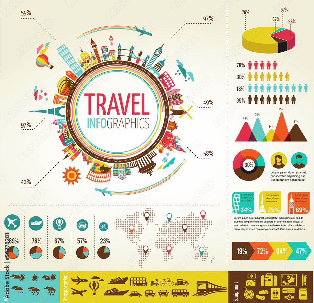 Travel and tourism infographics with data icons, elements - obrazy, fototapety, plakaty 