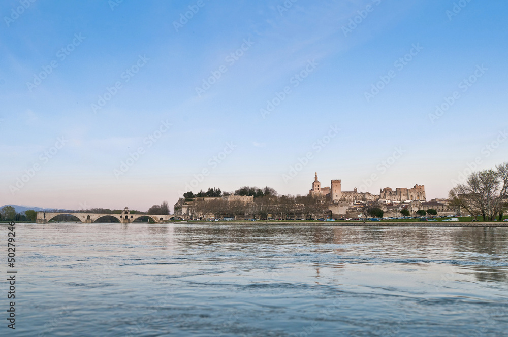 Avignon from the other shore of the Rhone River, France