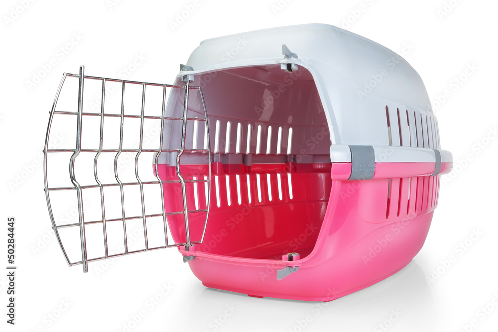 Cage for transporting pets. With the door open. - obrazy, fototapety, plakaty 