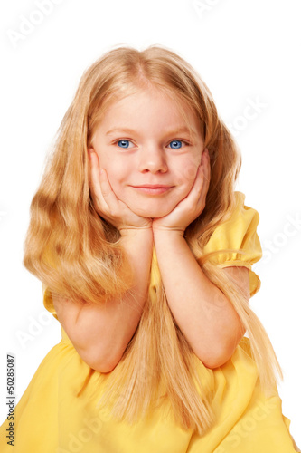 Canvas-taulu The little blue-eyed girl thinking about something.