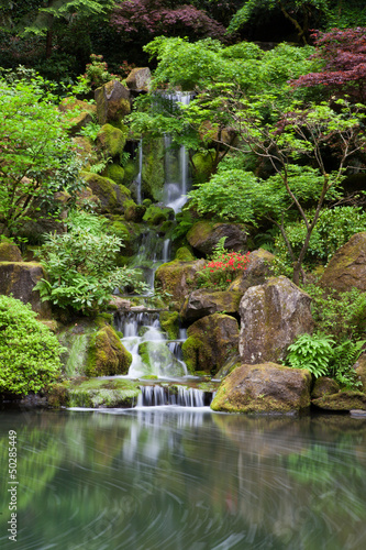 Photography Cascading waterfall in japanese garden at portland