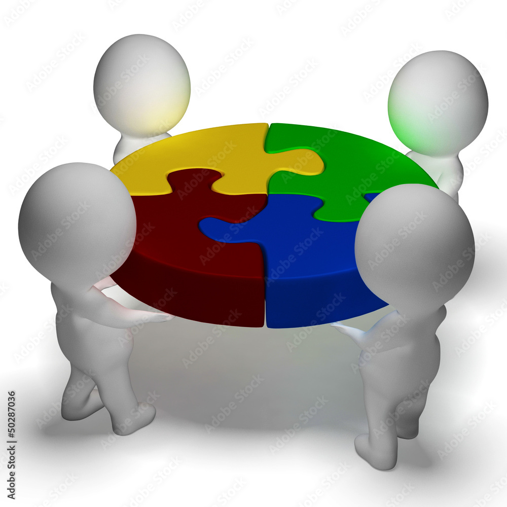Puzzle Solved And 3d Characters Showing Union And Cooperation Puzzle Solved And 3d Characters Showing Union And Cooperation