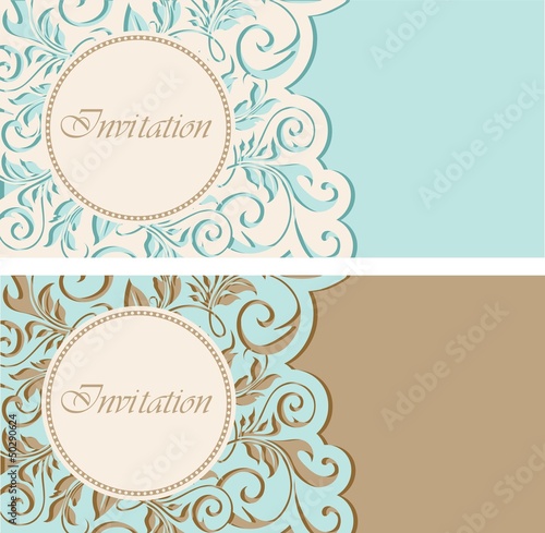 Vintage invitations with circle and floral elements.