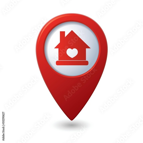 Home icon with heart icon on the red map pointer. Vector