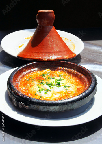 Morocco national dish - tajine of meet with eggs and vegetables