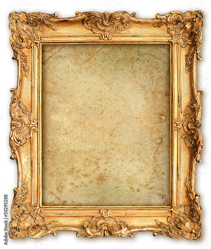 old golden frame with empty grunge canvas photo