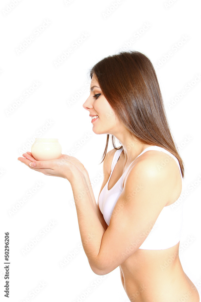 Young woman with cream, isolated on white background Young woman with cream, isolated on white background