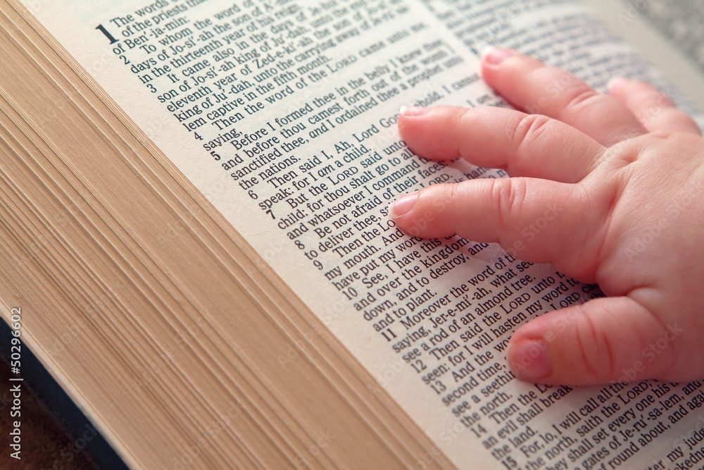 Obraz premium Baby Hand on Open Bible