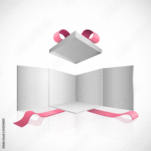 Open white box with red ribbons. Vector design. 
