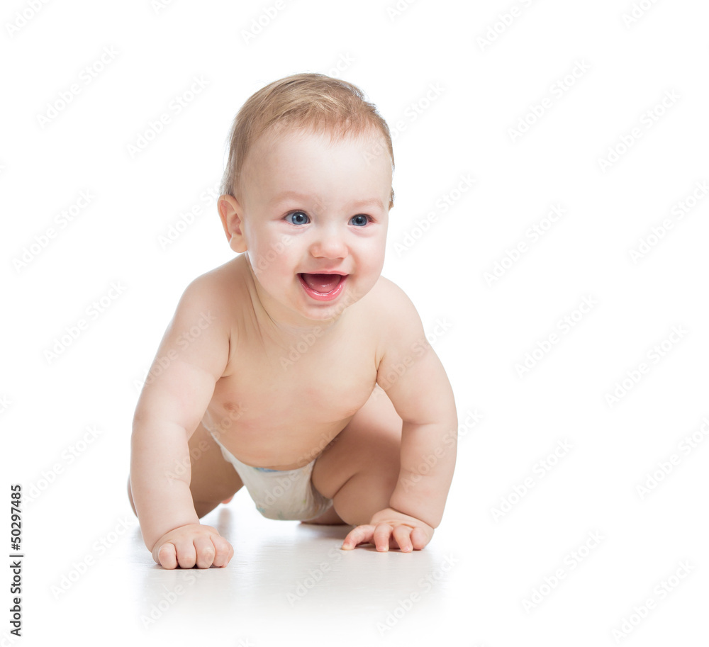 cute cheerful crawling baby boy isolated on white background cute cheerful crawling baby boy isolated on white background