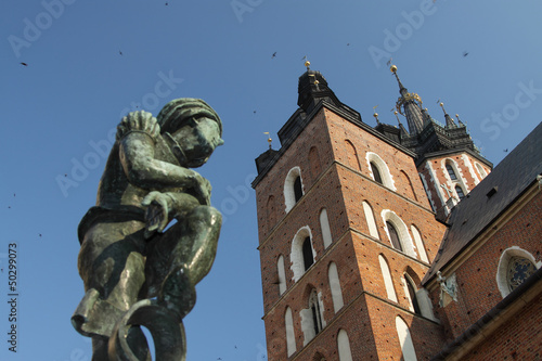 Poland, Kraków, "Student" Statue and Towers of st Mary's Church