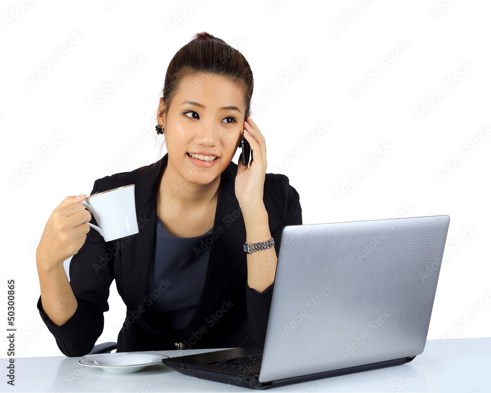 Isolated young business woman with enjoy working expression on w Isolated young business woman with enjoy working expression on w