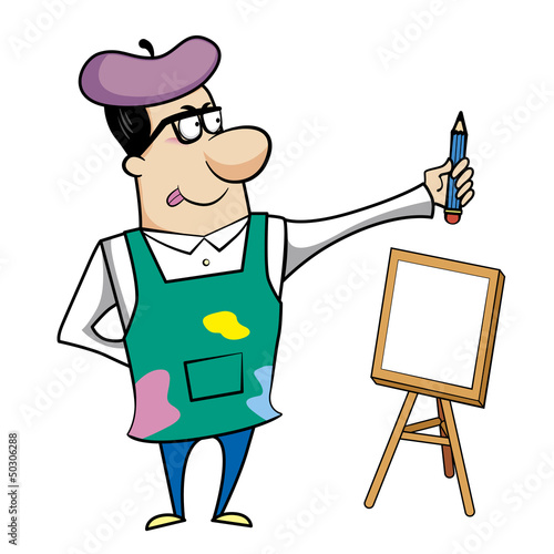 Cartoon Artist with Pencil and Canvas Easel