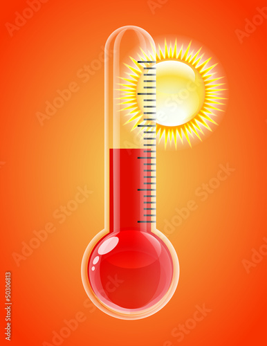 Thermometer with sun. Hot weather.