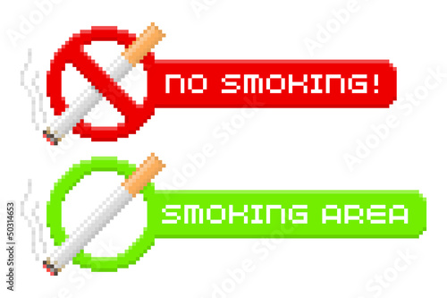Pixel no smoking and smoking area signs. Vector illustration.