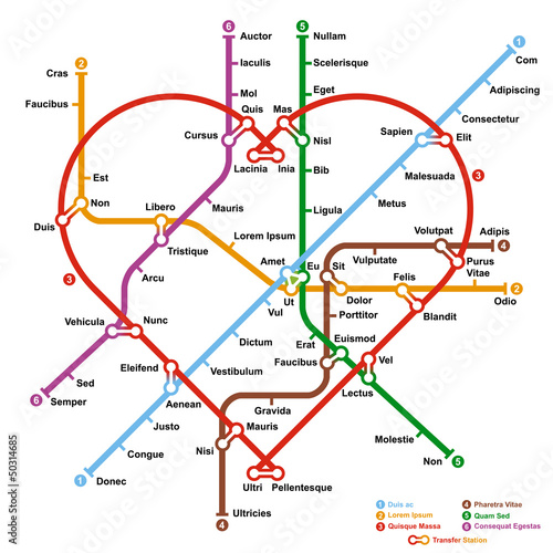 Fictional metro map in shape of heart. Vector illustration.