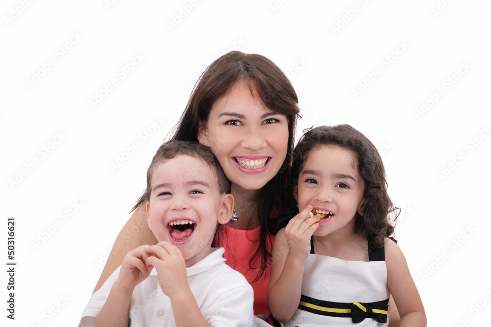 Mother, son and daughter having fun on a white background. Mother, son and daughter having fun on a white background.