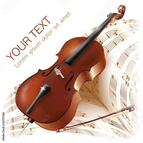 Classical cello on white background with musical notes