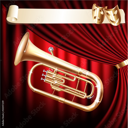 Classical baritone horn / Euphonium tuba on a red velvet curtain
