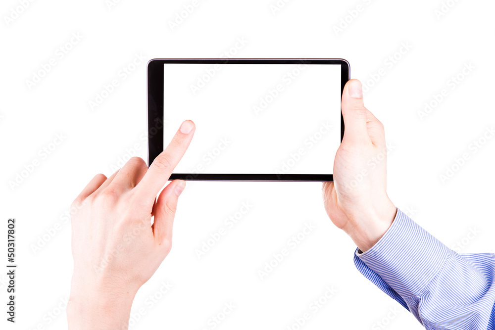 Male hand holding a tablet PC with space for you text Male hand holding a tablet PC with space for you text