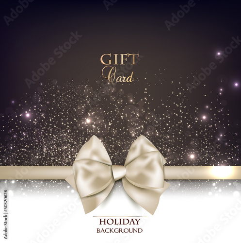 Gorgeous gift card with white bow and copy space. Vector illustr