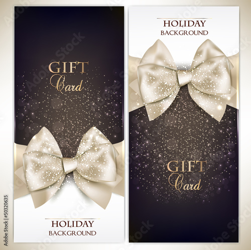 Gorgeous gift cards with white bows and copy space. Vector illus