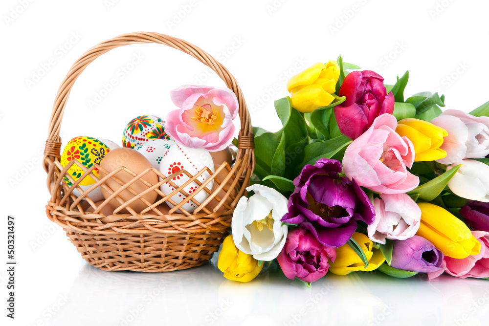 Easter egg decoration in basket and tulip flowers isolated on wh
