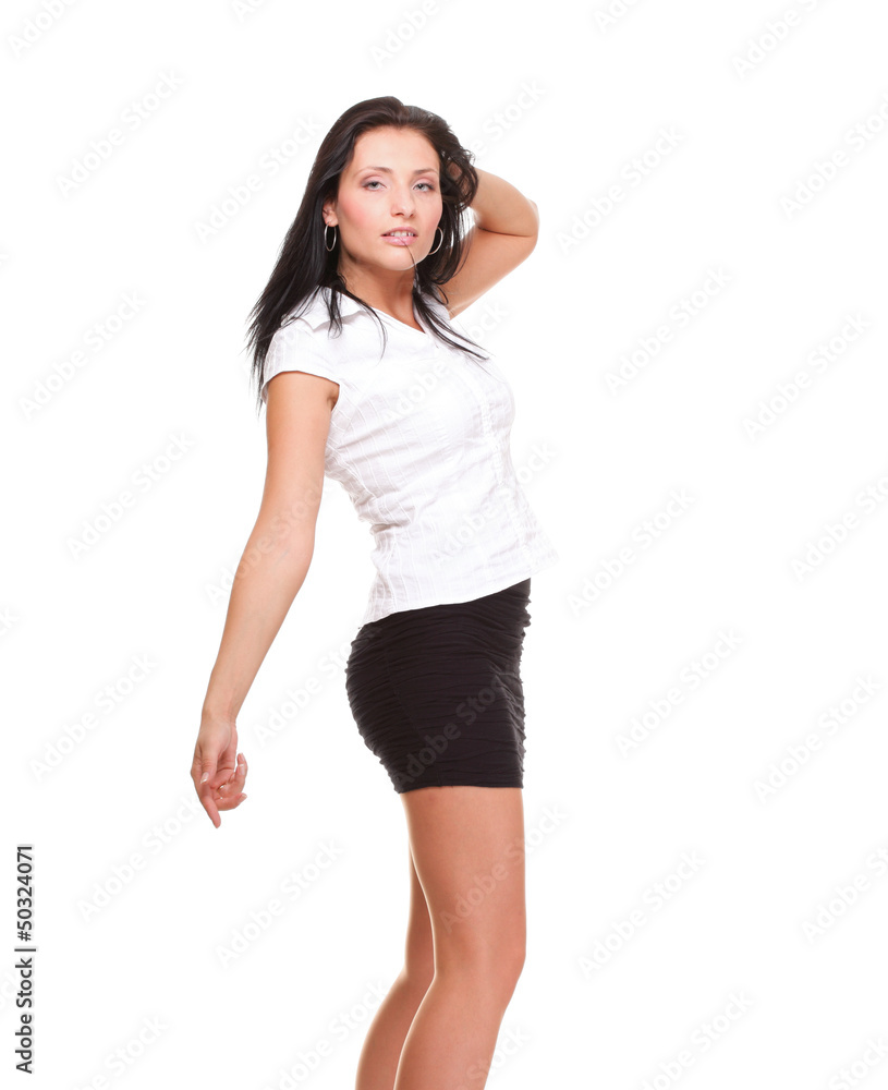 Full length portrait young woman standing hands white background Full length portrait young woman standing hands white background